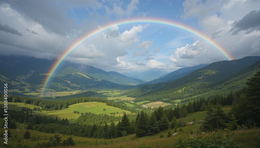 A rainbow arching over a peaceful valley A rainbow arching over a peaceful valley