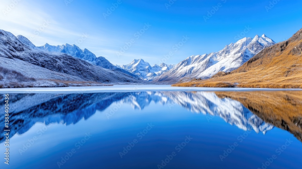 A serene lake reflects snow-capped mountains under a clear blue sky. The composition is symmetrical, with the mountains mirroring perfectly in the still water. The image is high-resolution, showcasi A serene lake reflects snow-capped mountains under a clear blue sky. The composition is symmetrical, with the mountains mirroring perfectly in the still water. The image is high-resolution, showcasi