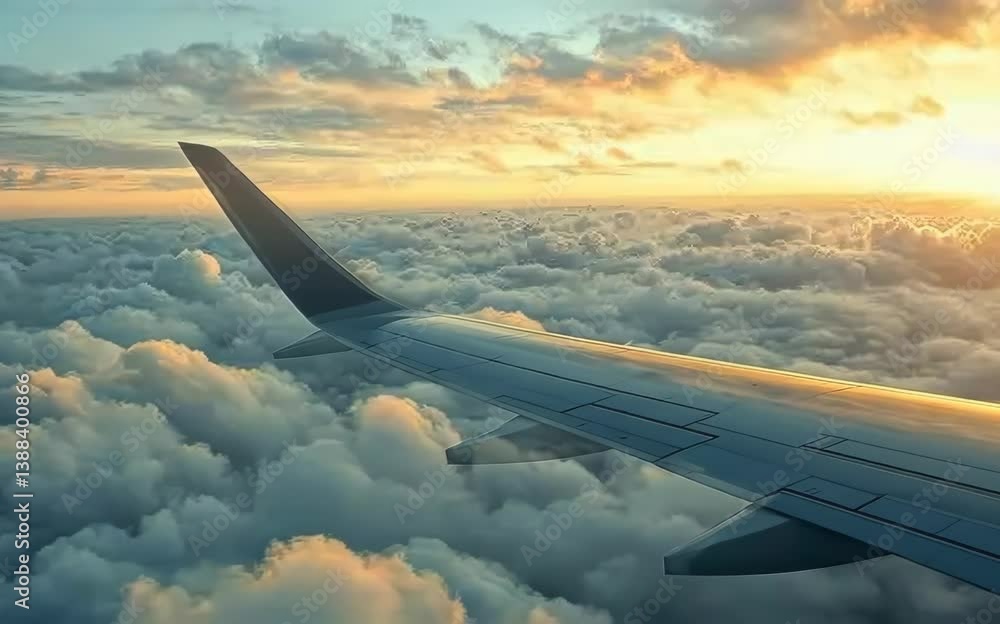 A stunning view of an airplane wing against a vibrant sunrise above the clouds, showcasing the serene beauty of air travel.