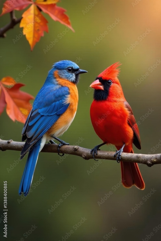 Obraz premium Eastern bluebird & red cardinal on branch, vibrant autumn colors , sun, colors, leaves