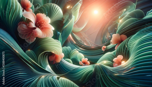 A futuristic spring-inspired abstract composition, swirling patterns of neon green leaves and soft coral flower petals merging into a glossy glass-like surface, reflecting a holographic sunrise, seaml