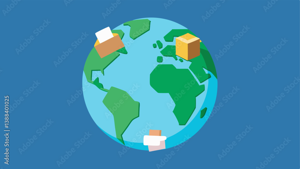 Fototapeta premium Global Waste Visualization A world globe made up of ecommerce packaging materials symbolizing the global scale of waste produced by online shopping activity.