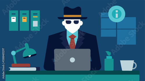 Cybercrime Scene An investigator in a modern office setting examining evidence such as a laptop smartphone and USB drives laid out on a desk.