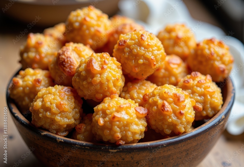 Delicious golden millet balls served in a rustic bowl Delicious golden millet balls served in a rustic bowl