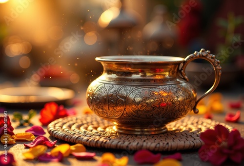Ornate brass cup surrounded by colorful flower petals in soft sunlight