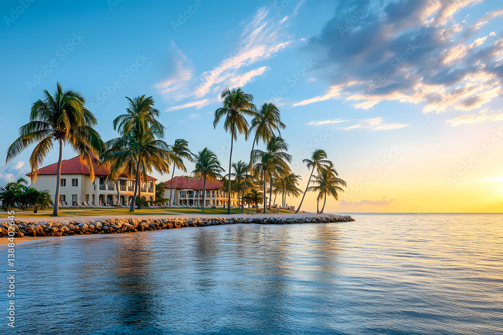 Naklejka premium Paradise Coastal Retreat: Serene coastal retreat nestled amongst lush palm trees, the golden sun casting a warm glow over the calm ocean waters, promising a peaceful getaway.