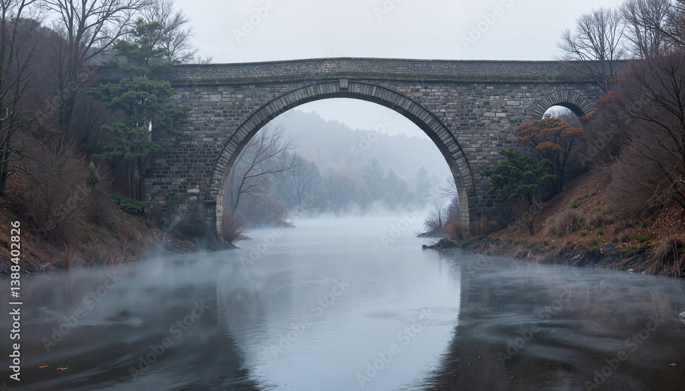Fototapeta premium Serene stone archway over misty river at dawn, tranquil beauty