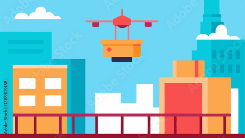 Package Drop A drone is seen in the foreground gracefully releasing a brightly colored package over the balcony of a stylish apartment with a sunlit skyline in the background.