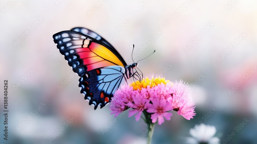 Vibrant butterfly on a delicate pink flower Vibrant butterfly on a delicate pink flower