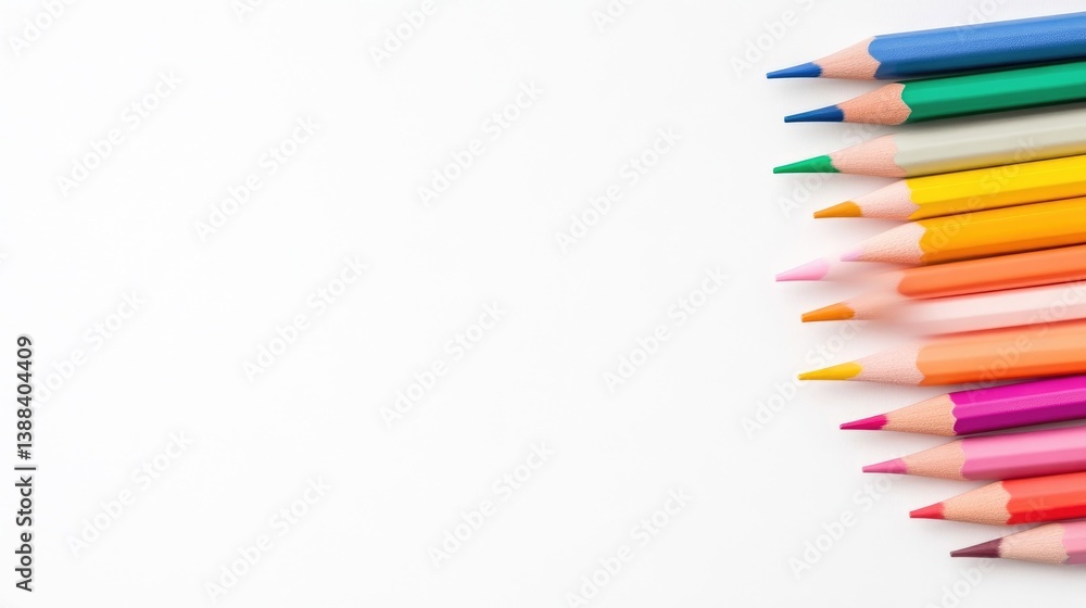 Colorful sharpened pencils arranged in a row on a clean white background, showcasing vibrant hues, and artistic tools for drawing and creativity. Colorful sharpened pencils arranged in a row on a clean white background, showcasing vibrant hues, and artistic tools for drawing and creativity.