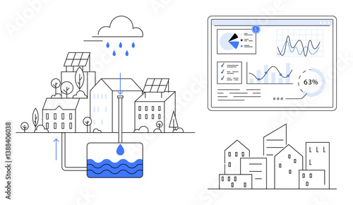Smart city houses use solar panels and rainwater collection tanks, monitored by digital data dashboard for water usage efficiency. Ideal for sustainability, urban planning, technology, ecology