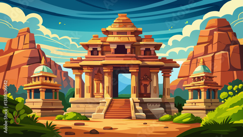Beautiful architecture of ancient ruines of temple in Hampi