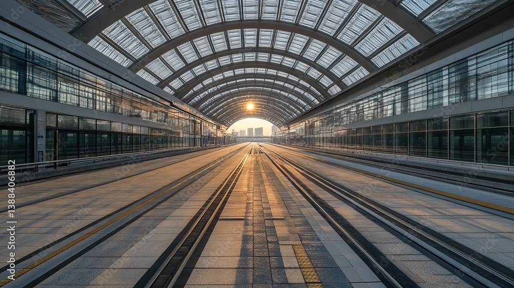 Bright sunlight shining through the end of a modern train station with glass roof and track lines Bright sunlight shining through the end of a modern train station with glass roof and track lines