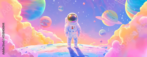 Astronaut's Dreamscape: A lone astronaut, clad in a pristine white suit, stands on an alien planet gazing at a vibrant, colorful dreamscape.