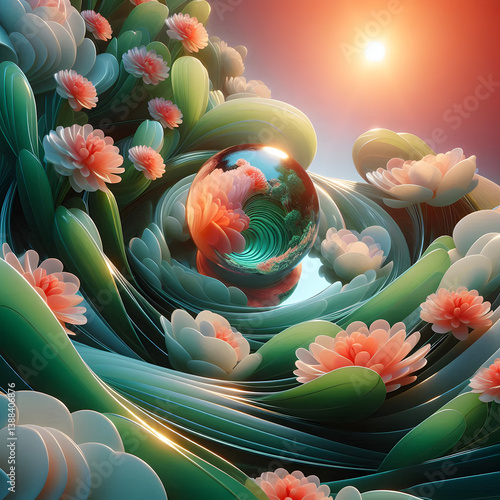 A futuristic spring-inspired abstract composition, swirling patterns of neon green leaves and soft coral flower petals merging into a glossy glass-like surface, reflecting a holographic sunrise, seaml