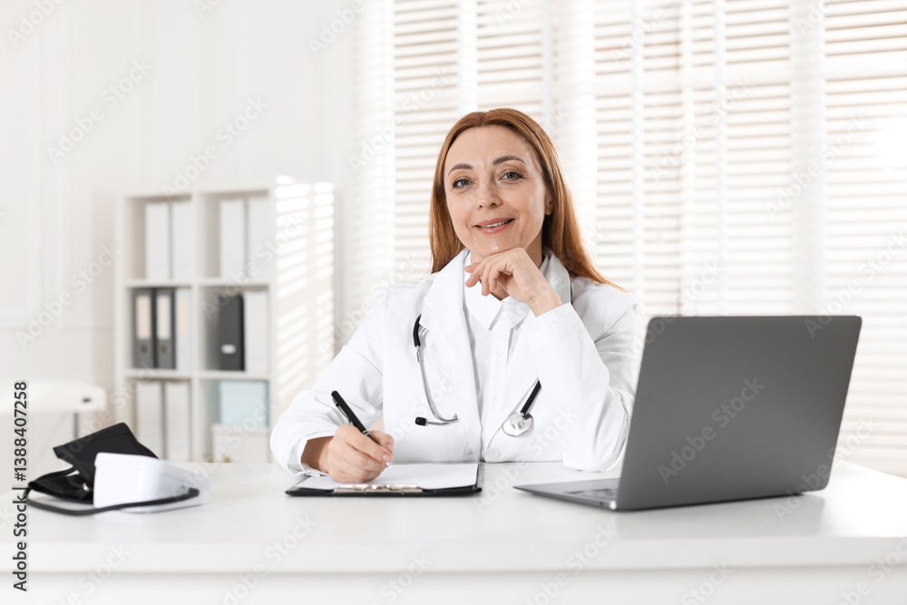 Cardiologist with stethoscope at white table in clinic Cardiologist with stethoscope at white table in clinic