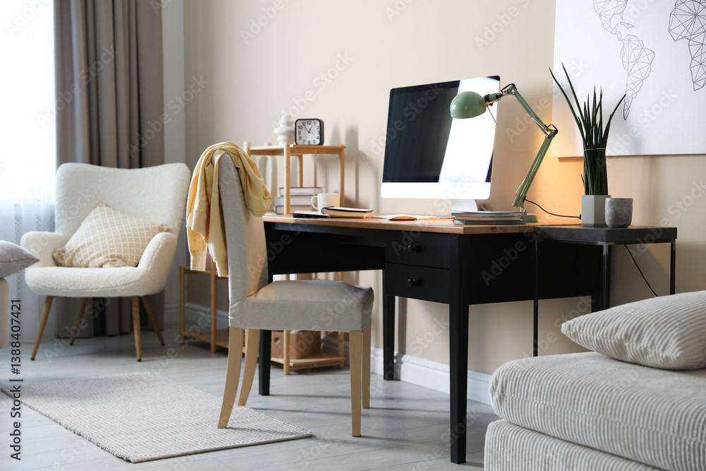 Fototapeta premium Comfortable workplace with modern computer in home office