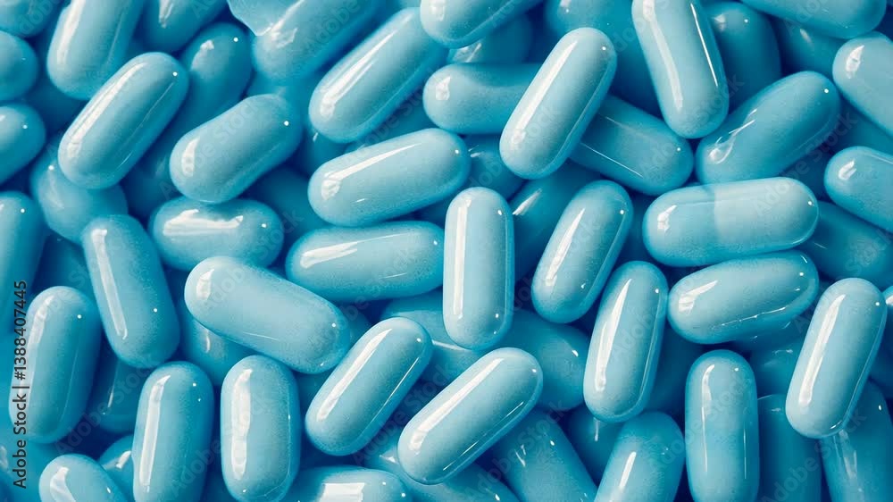 Bright blue capsules scattered on a textured surface create a striking visual composition in a medical or health-related context Bright blue capsules scattered on a textured surface create a striking visual composition in a medical or health-related context