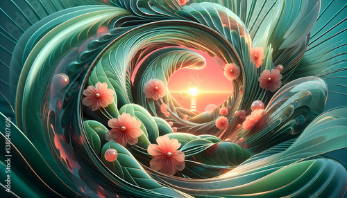 A futuristic spring-inspired abstract composition, swirling patterns of neon green leaves and soft coral flower petals merging into a glossy glass-like surface, reflecting a holographic sunrise, seaml