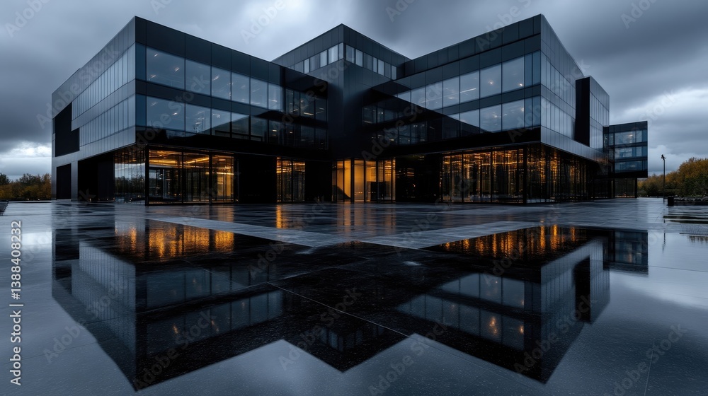 Modern, Dark Office Building Reflecting in Paved Plaza Modern, Dark Office Building Reflecting in Paved Plaza