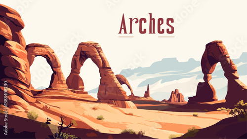 Arches with Surreal Rock Formations in Desert Landscape in Vector Art