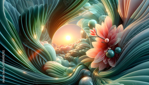 A futuristic spring-inspired abstract composition, swirling patterns of neon green leaves and soft coral flower petals merging into a glossy glass-like surface, reflecting a holographic sunrise, seaml