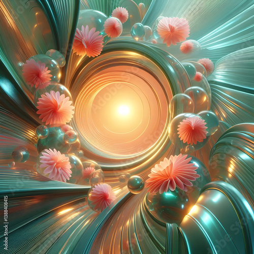 A futuristic spring-inspired abstract composition, swirling patterns of neon green leaves and soft coral flower petals merging into a glossy glass-like surface, reflecting a holographic sunrise, seaml