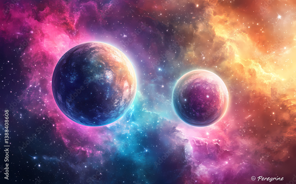 Obraz premium Cosmic Dance: Two planets swirling in a galaxy of brilliant, captivating nebulae, against a dark background. Evoking wonder and the vastness of the universe. 