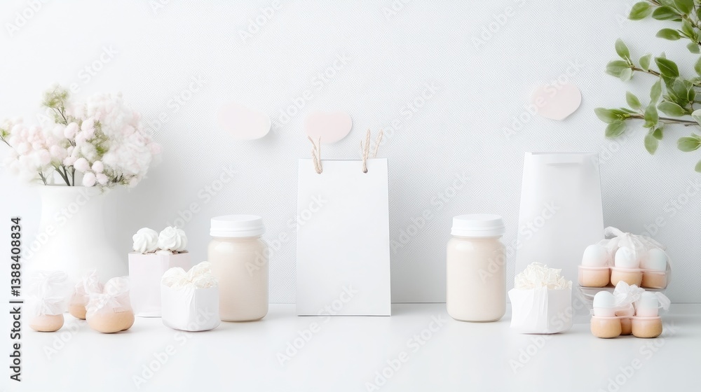 White containers and eggs sit on a white surface. A white vase with white flowers and a blank notepad are included. The image is high-resolution with soft lighting. The aesthetic is minimalist and White containers and eggs sit on a white surface. A white vase with white flowers and a blank notepad are included. The image is high-resolution with soft lighting. The aesthetic is minimalist and