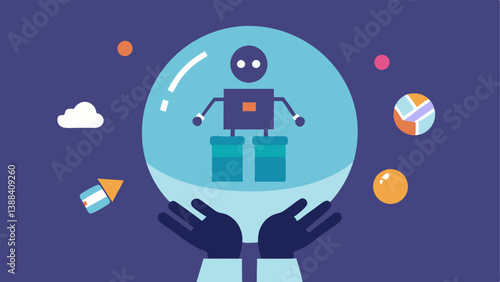 Predictive Analytics A crystal ball being held by a robot hand inside which various shopping items are visible illustrating the concept of AI predicting future buying preferences.