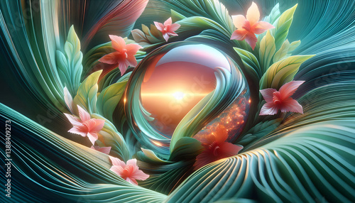 A futuristic spring-inspired abstract composition, swirling patterns of neon green leaves and soft coral flower petals merging into a glossy glass-like surface, reflecting a holographic sunrise, seaml