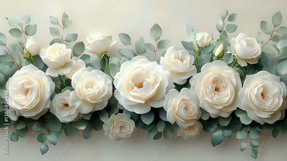 Obraz premium Delicate white garden roses arranged in horizontal composition with soft eucalyptus leaves creating romantic floral border on light background.