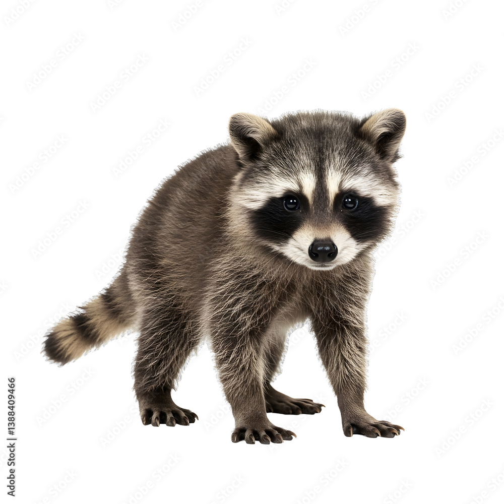 A baby raccoon stands on a transparent background. A baby raccoon stands on a transparent background.