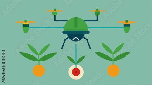 Pest Detection A closeup of a drone or robot identifying plants with highlighted areas showing pests being detected through AI systems.