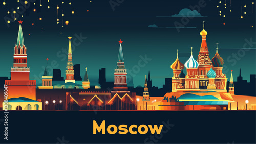 Moscow with Kremlin and Red Square Lights in Digital Drawing
