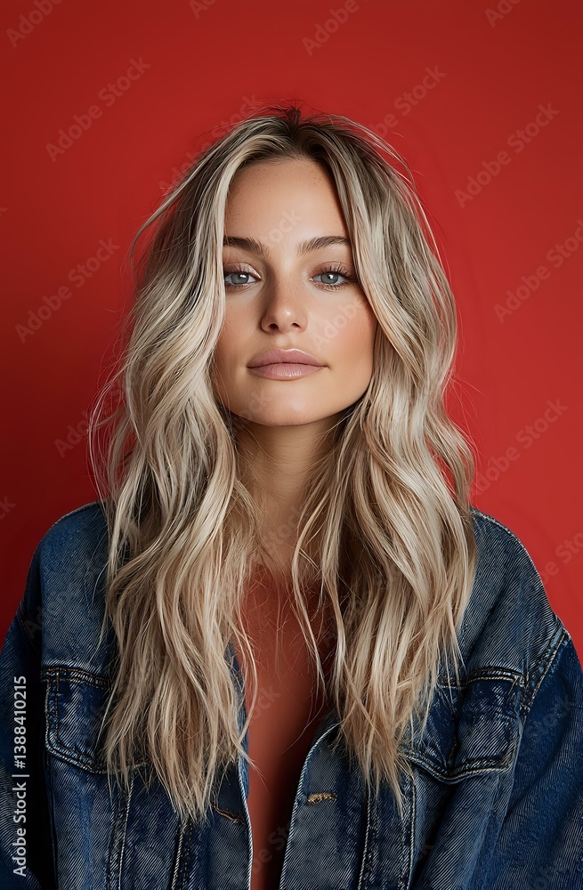 Fototapeta premium Young woman with long wavy blonde hair wearing denim jacket poses against red background. Natural makeup and confident expression create modern fashion portrait.