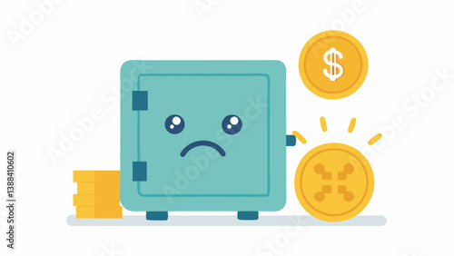 Deposit Safe An image of a safe filled with coins and a sad face on the safe door indicating disappointment in savings. A label saying Savings Lose Value.
