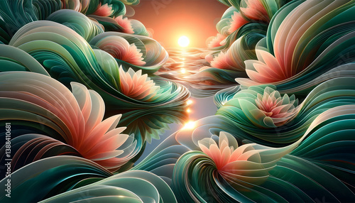 A futuristic spring-inspired abstract composition, swirling patterns of neon green leaves and soft coral flower petals merging into a glossy glass-like surface, reflecting a holographic sunrise, seaml