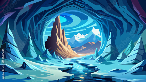 A surreal ice cave passageway leading to an opening with a snowy mountain view.