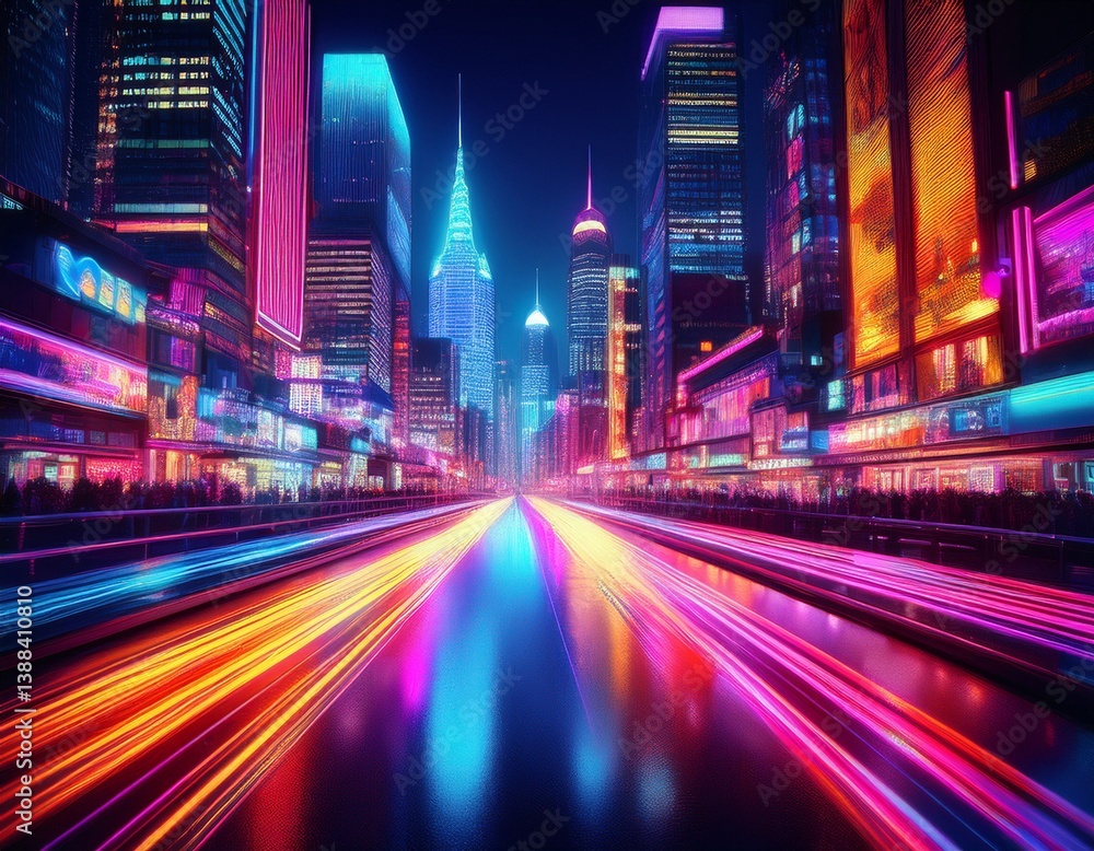 Fototapeta premium rows of colorful neon lights in a busy cityscape at night blurring slightly to create a vibrant bustling ambiance