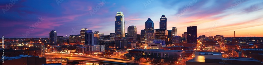 Fototapeta premium A vibrant cityscape at dusk with the skyline illuminated, with room above the buildings for adding text or branding. --ar 4:1 --v 6.1 Job ID: 3967ccb6-ecf1-431a-979b-2958c5be0190