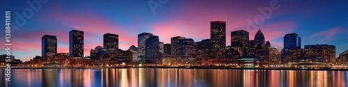 A vibrant cityscape at dusk with the skyline illuminated, with room above the buildings for adding text or branding. --ar 4:1 --v 6.1 Job ID: 3967ccb6-ecf1-431a-979b-2958c5be0190