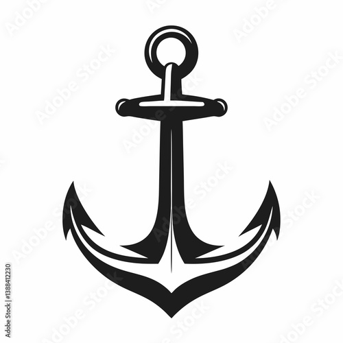 Nautical anchor icon in tribal tattoo style. Stylized anchor in bold black lines, sharp flared ends suggest strength and adventure. Tattoos, marine brands, strength-themed merch concept.