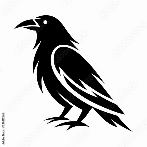 Raven profile icon with sharp wing accents. Raven faces left with bold tail and beak, linear tribal style evokes mystery. Publishing, gothic merch, tattoo studio concept.