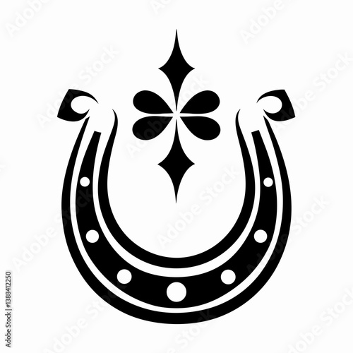 Lucky horseshoe embraces four-leaf clover in minimalist black design. Simple geometric shapes create powerful good luck symbol. Concept: amulet shop, fortune telling, irish pub, logo
