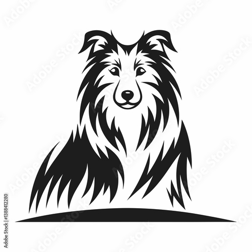 Long-haired dog looking with kind expression. Fluffy dog, likely collie or sheltie, faces front with gentle fur and warm gaze. Animal care, pet adoption, vet branding concept.