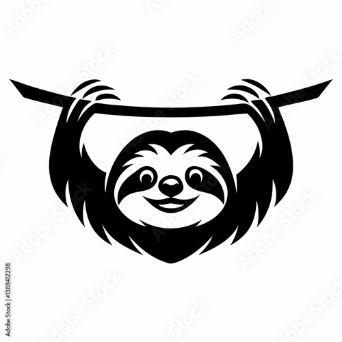 Relaxed sloth looking forward with content expression, simplified black and white design. Perfect for slow living movement. Concept: wellness center, yoga studio, logo