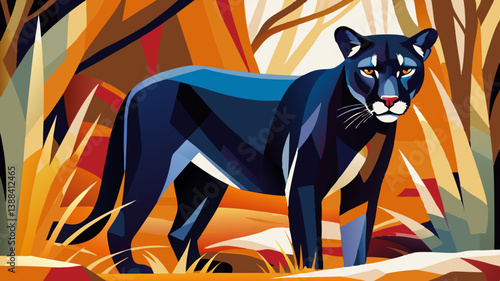 Powerful black panther rendered in striking geometric style against autumn backdrop. Cubist approach highlights natural strength and grace Concept luxury brands, environmental advocacy, art exhibition