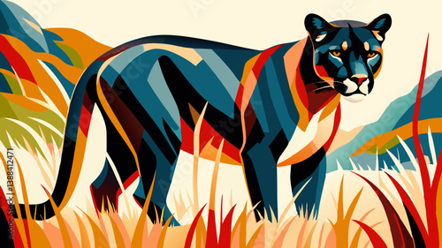 Cougar rendered in vibrant blue geometric styling against colorful abstract landscape. Modern artistic interpretation blends wildlife with bold design elements. Concept: outdoor apparel, conservation 