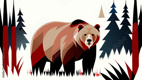 Brown bear stands in geometric forest setting with cubist styling. Earth-toned illustration conveys wilderness power through modern artistic lens. Concept: outdoor recreation, wildlife conservation, 